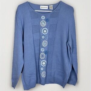 Alfred Dunner Women's XL‎ Blue Floral Embroidered Long Sleeve Knit Sweater